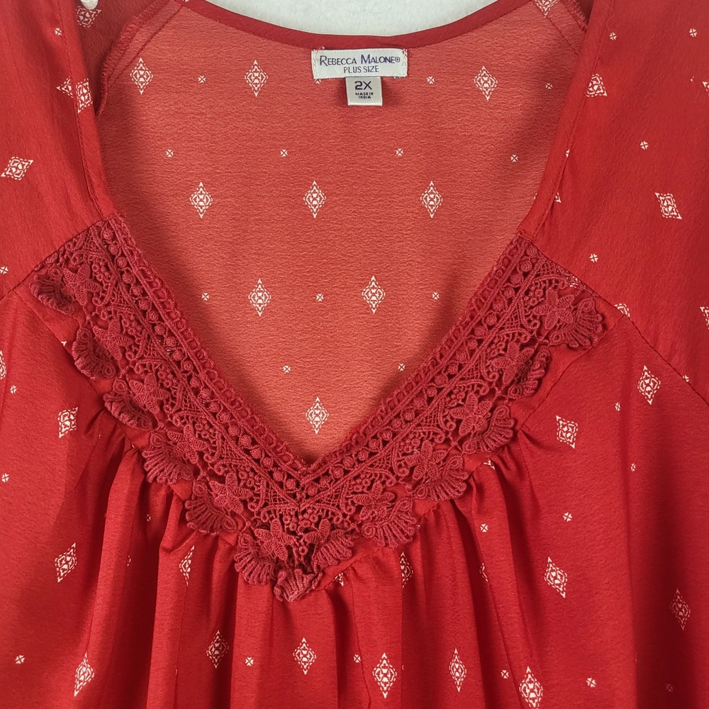 Rebecca Malone Plus Size Red Lace Trim Short Sleeve Blouse Top‎ Women Size 2XL - Picture 3 of 7